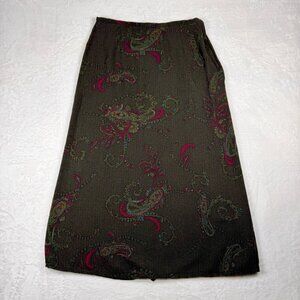 Vintage Paisley Print Midi Skirt Olive Green Women's Size M Boho Cottagecore